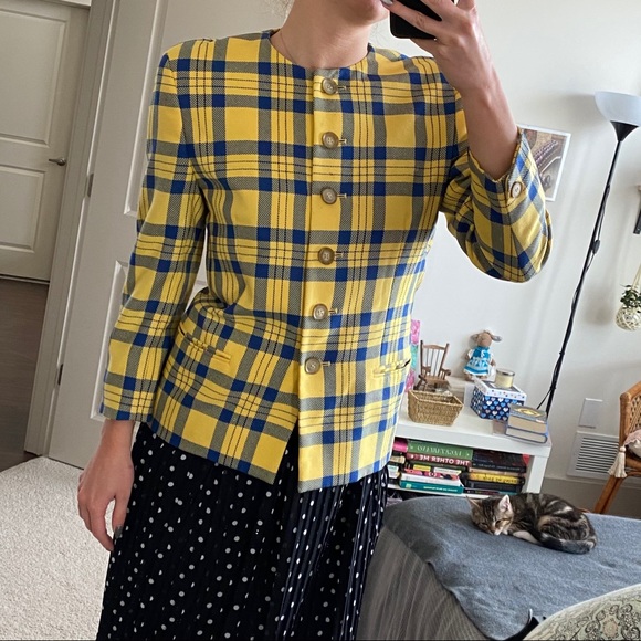 🍁Bright yellow Checkered Wool Jacket - Picture 3 of 13